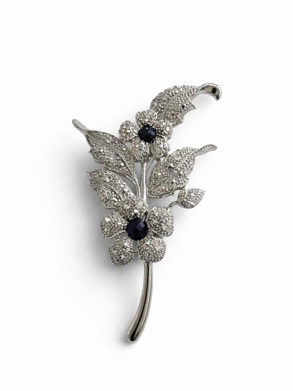 Silver Floral Brooch with Black Accents